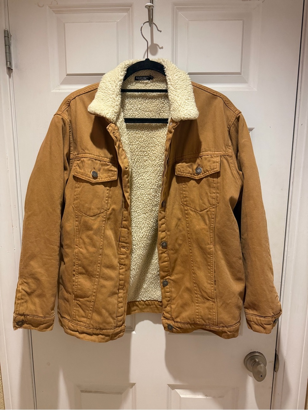 Nasty Gal Sherpa Lined Corduroy Trucker Jacket Camel Tan Borg Shacket Size Small